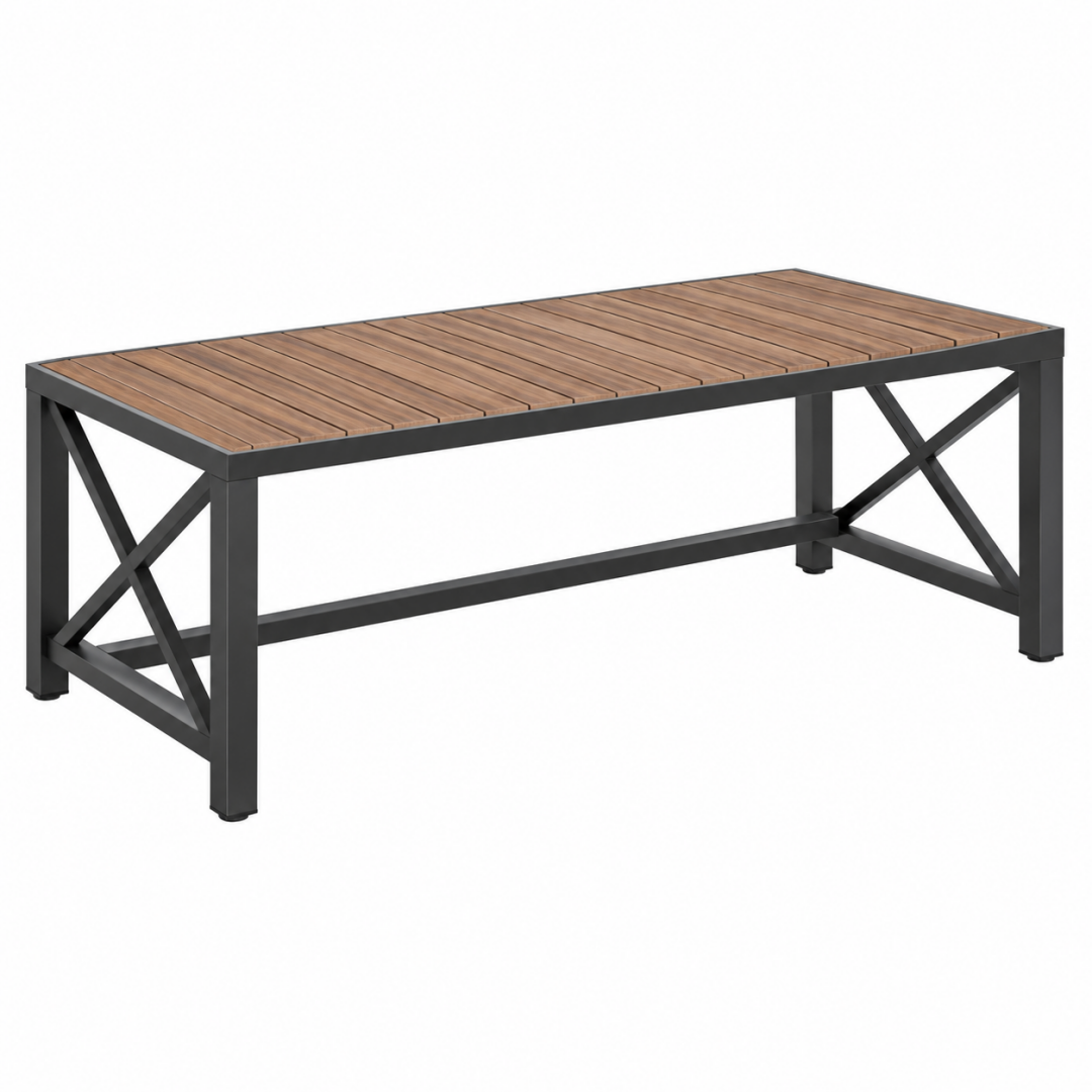 Gartentisch 180 x 90 x 75 cm braun schwarz mit Metallgestell und Tischplatte in Holzoptik