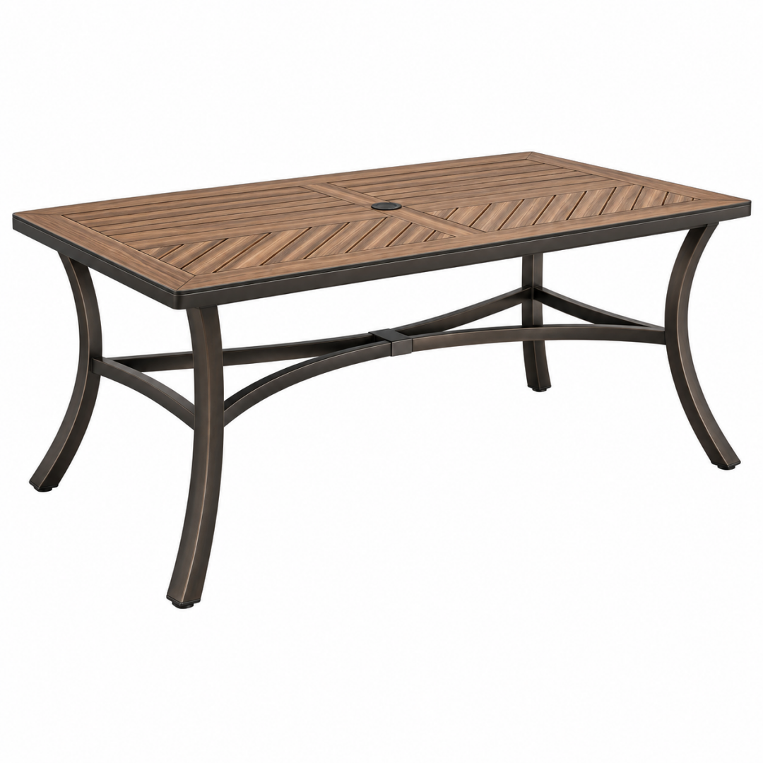 Gartentisch 180 x 100 x 74 cm Holzoptik Braun Metall rechteckig mit Schirmloch
