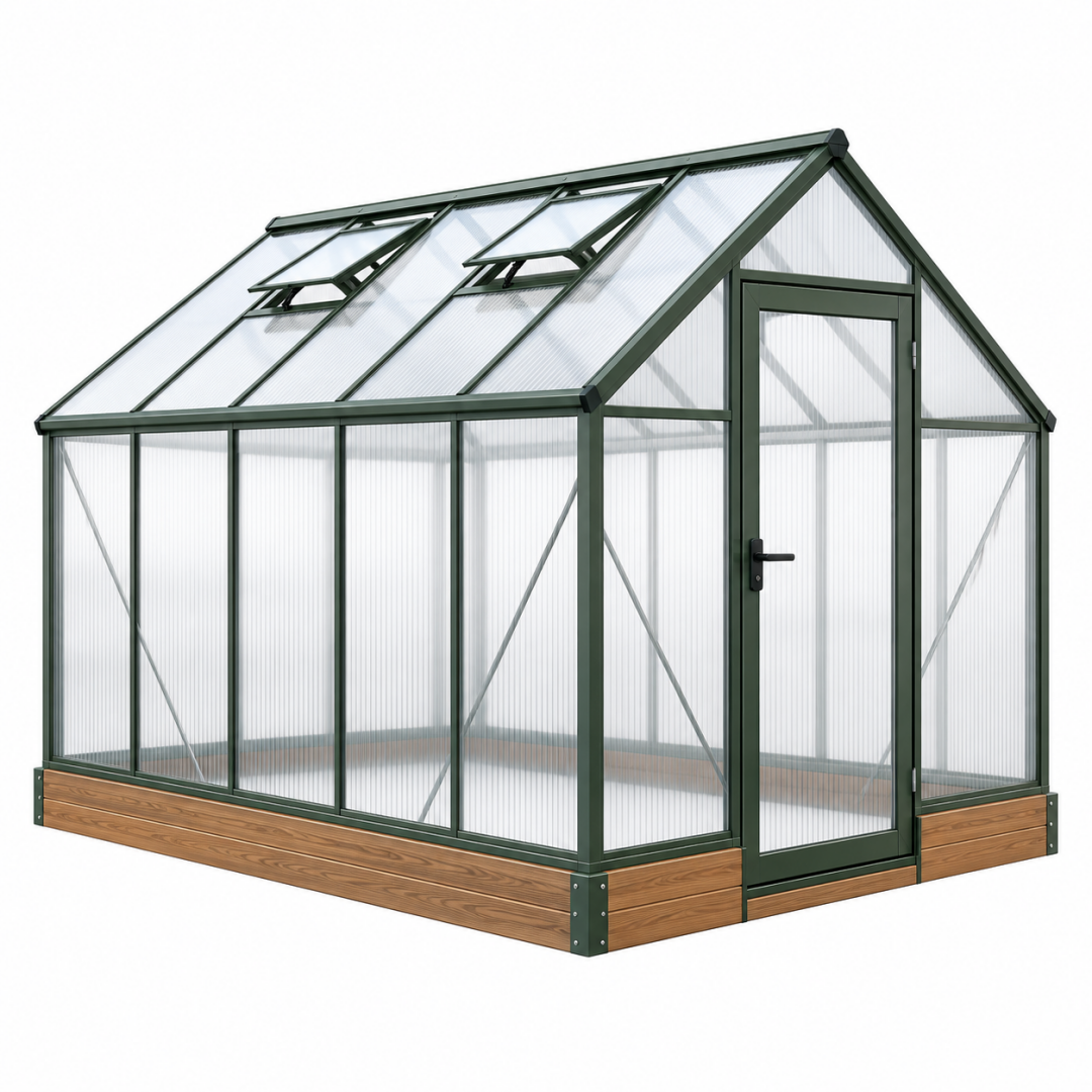 Gewächshaus 190 x 190 x 195 cm Aluminium Polycarbonat Grün mit Dachfenstern