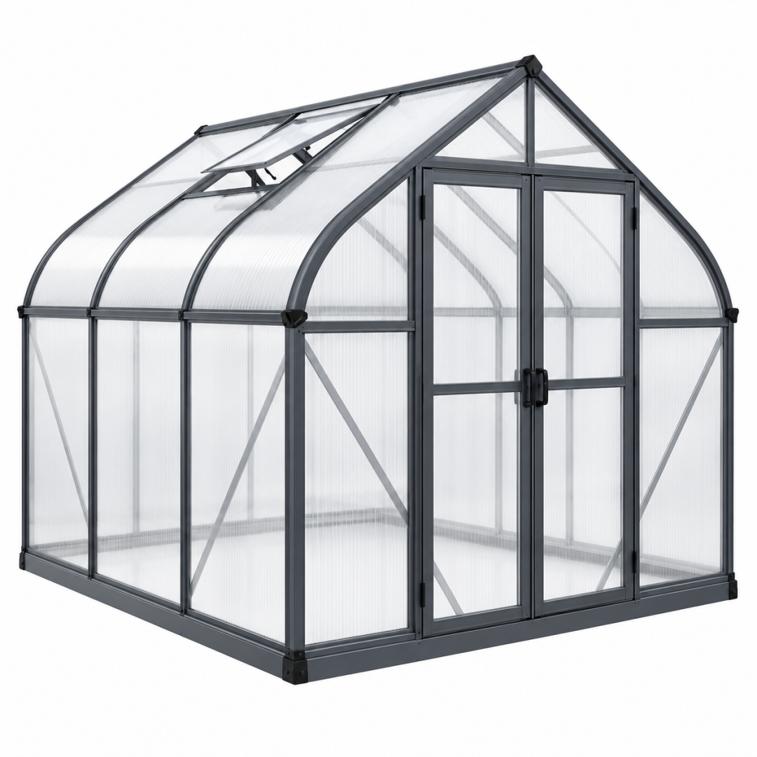 Gewächshaus 190 x 190 x 195 cm Aluminium Polycarbonat Anthrazit mit Dachfenster