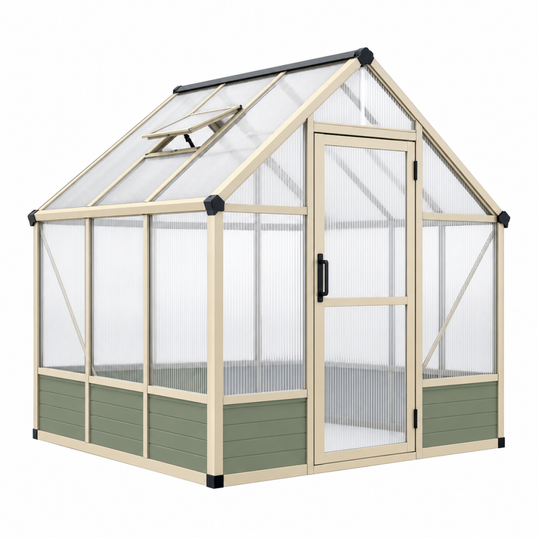 Gewächshaus 190 x 190 x 195 cm Aluminium Polycarbonat Creme Transparent mit Dachfenster