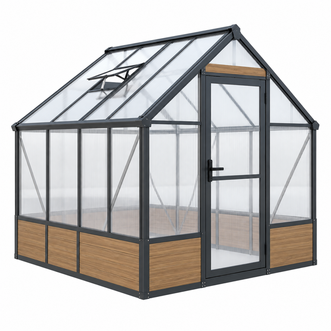 Gewächshaus 190 x 190 x 200 cm Aluminium Anthrazit Transparent mit Polycarbonatplatten und Dachfenster