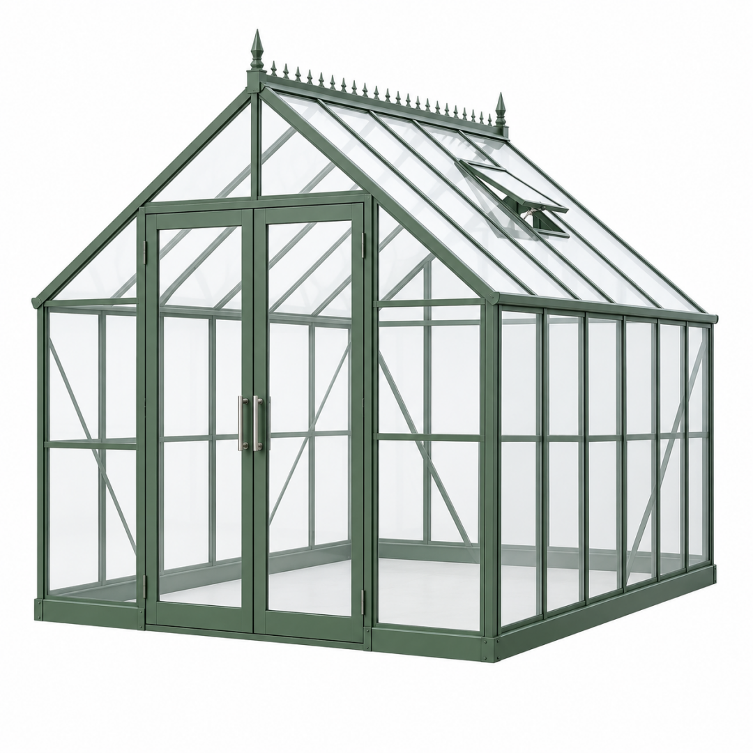 Gewächshaus 190 x 190 x 250 cm aus Metall und transparenter Verglasung in Dunkelgrün mit Doppeltür und Dachfenster