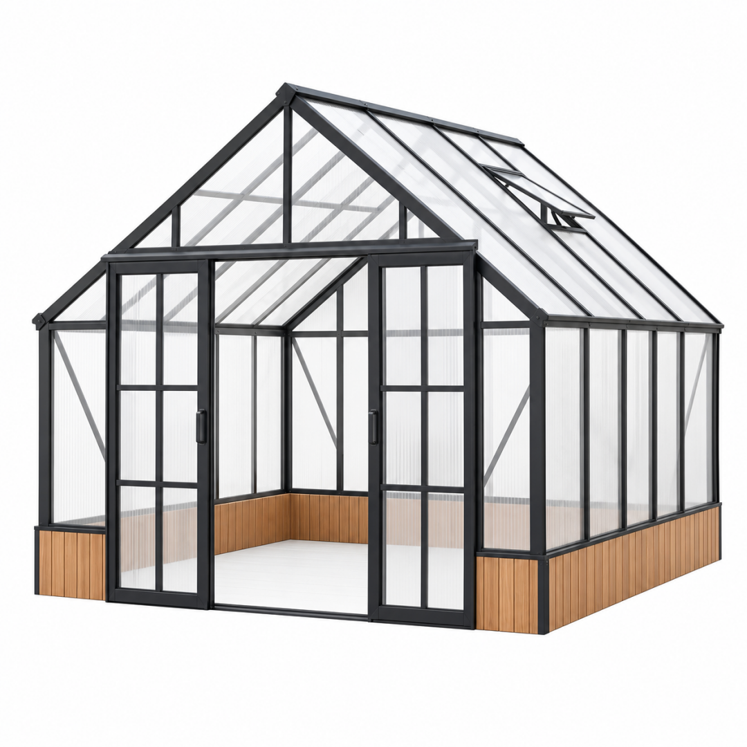 Gewächshaus 300 x 240 x 240 cm Aluminium Schwarz Transparent mit Polycarbonatplatten und Schiebetür