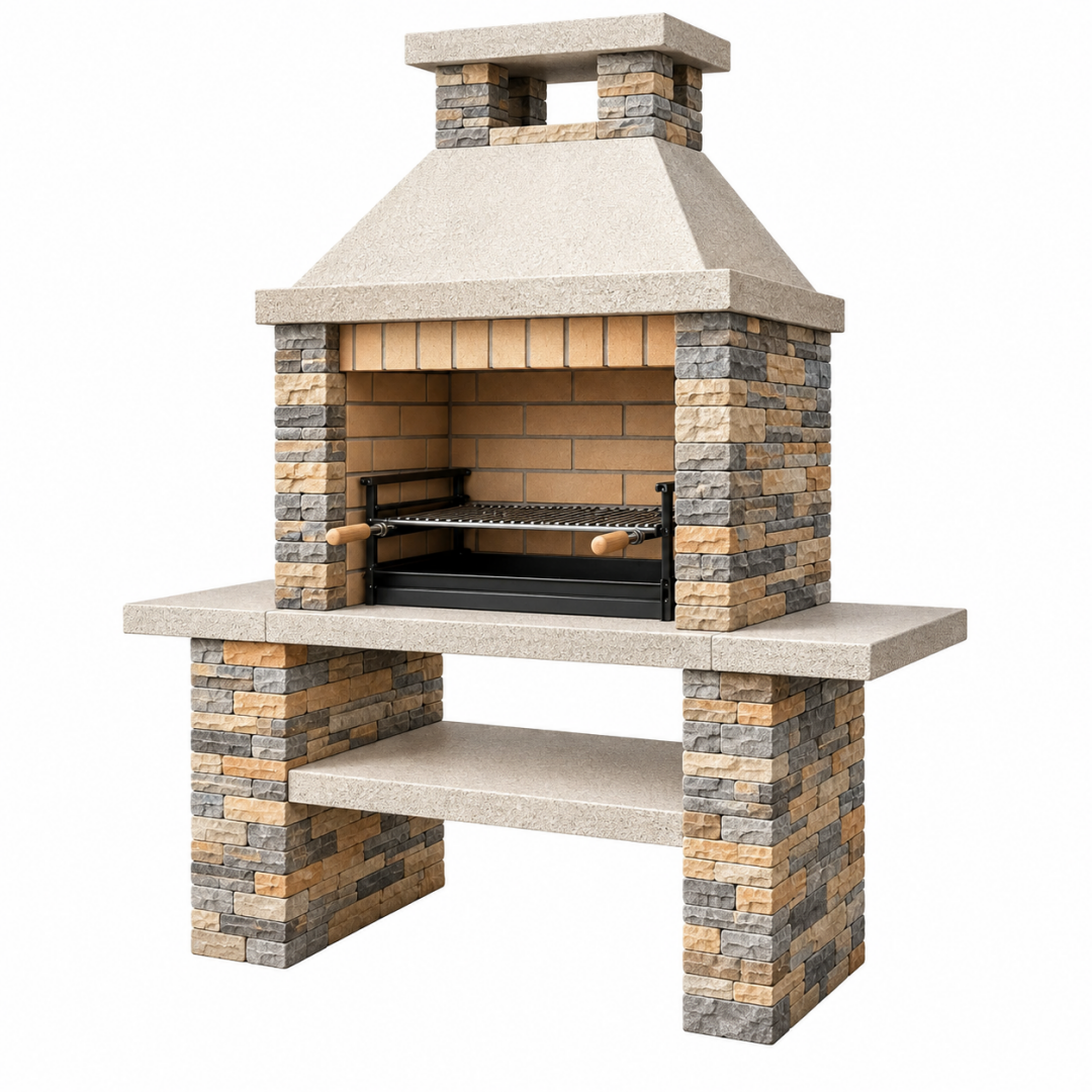 Gartengrill 140 x 70 x 210 cm aus Stein Beton und Stahl mit Kamin