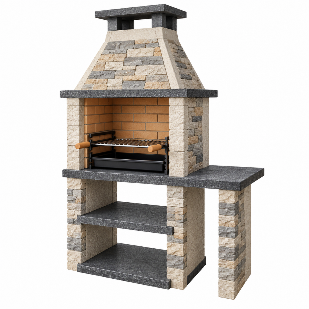 Grillkamin 140 x 80 x 220 cm aus Stein Grau/Beige rustikal mit Grillrost für den Außenbereich