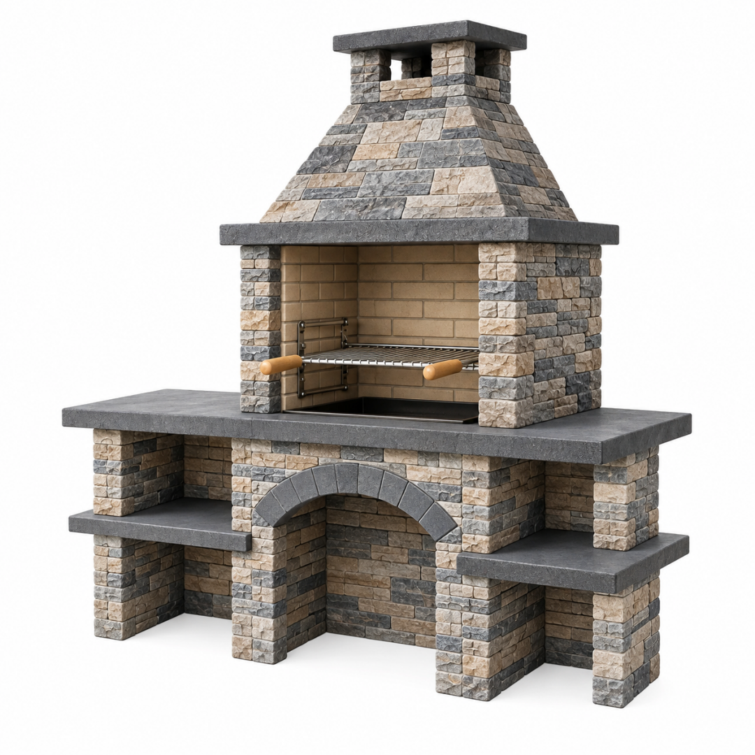 Grillkamin 200 x 90 x 230 cm Steinoptik Grau Beige mit Grillrost für den Außenbereich