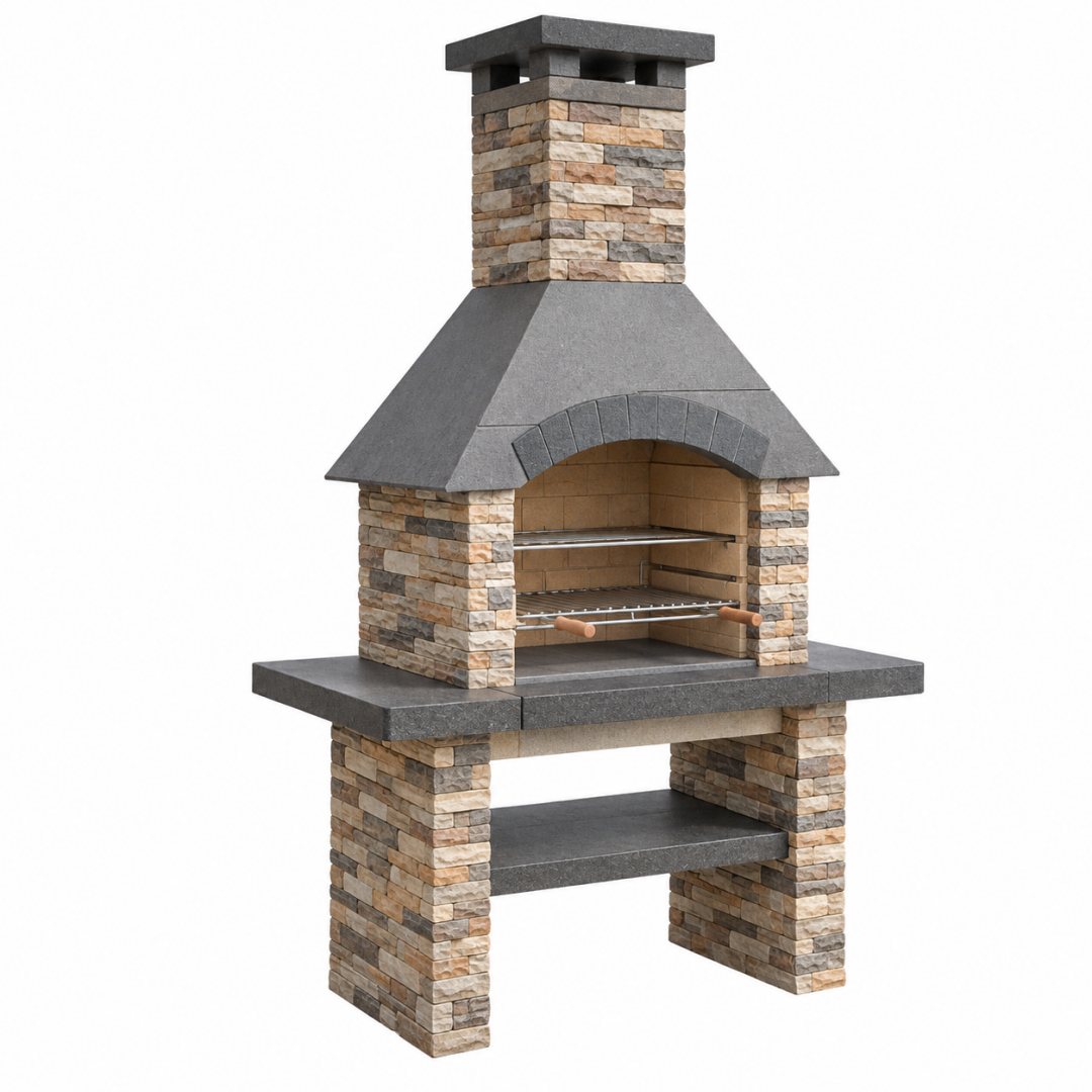 Gartengrill 120 x 75 x 220 cm Naturstein Grau Braun mit Grillrost und Kamin