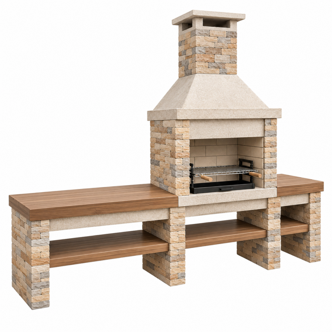 Grillkamin 220 x 70 x 220 cm aus Stein Beige Braun mit Holzablagen