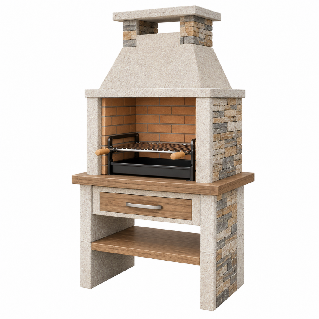 Grillkamin 120 x 70 x 230 cm aus Stein in Beige Braun mit Grillrost und Stauraum