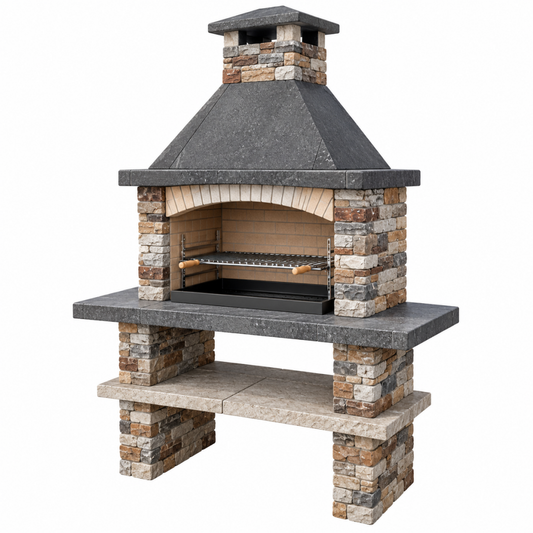 Grillkamin 120 x 70 x 220 cm aus Naturstein in Grau Braun mit Schamottauskleidung für den Garten