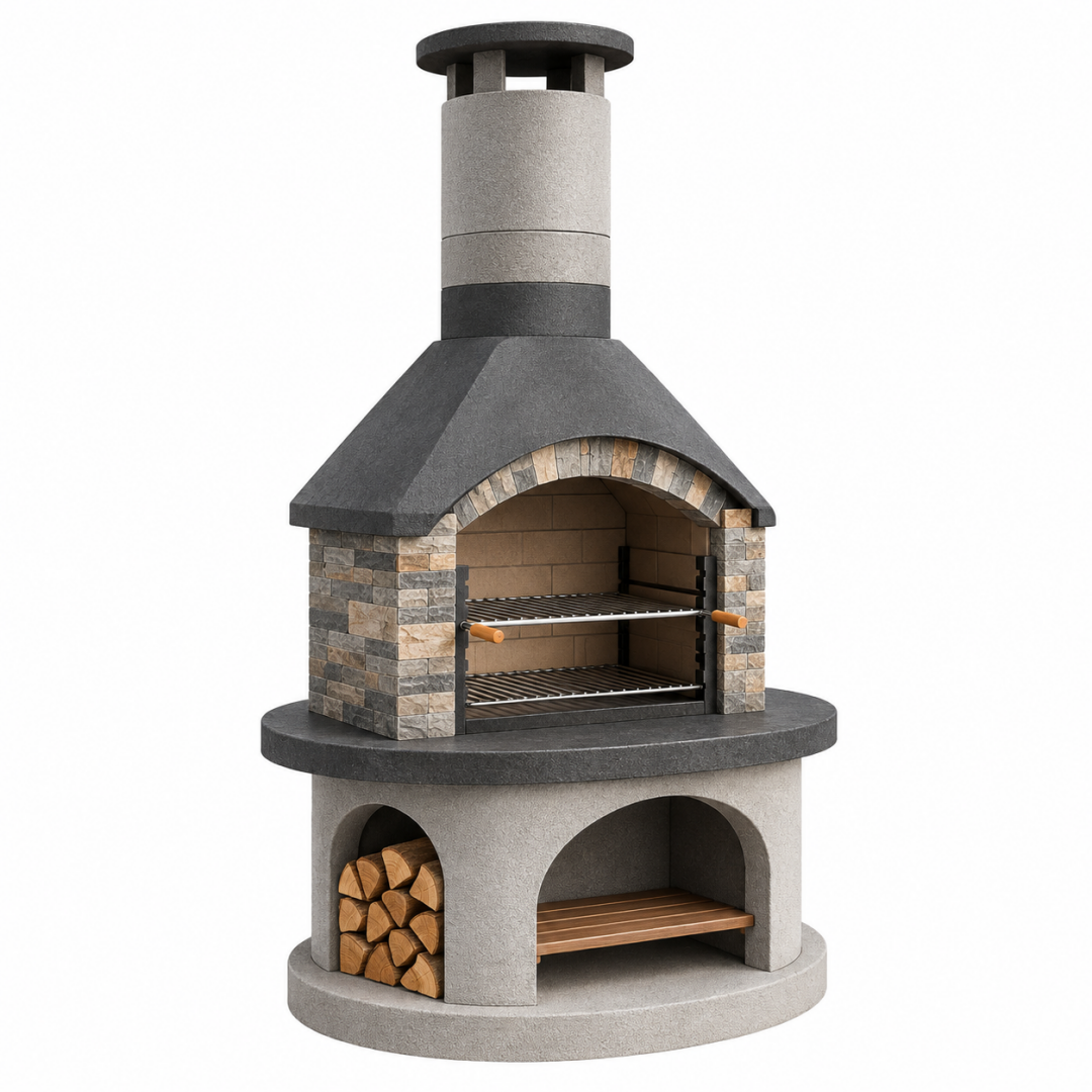 Grillkamin Ø110 cm Beton Naturstein Grau für den Außenbereich mit Holzfach