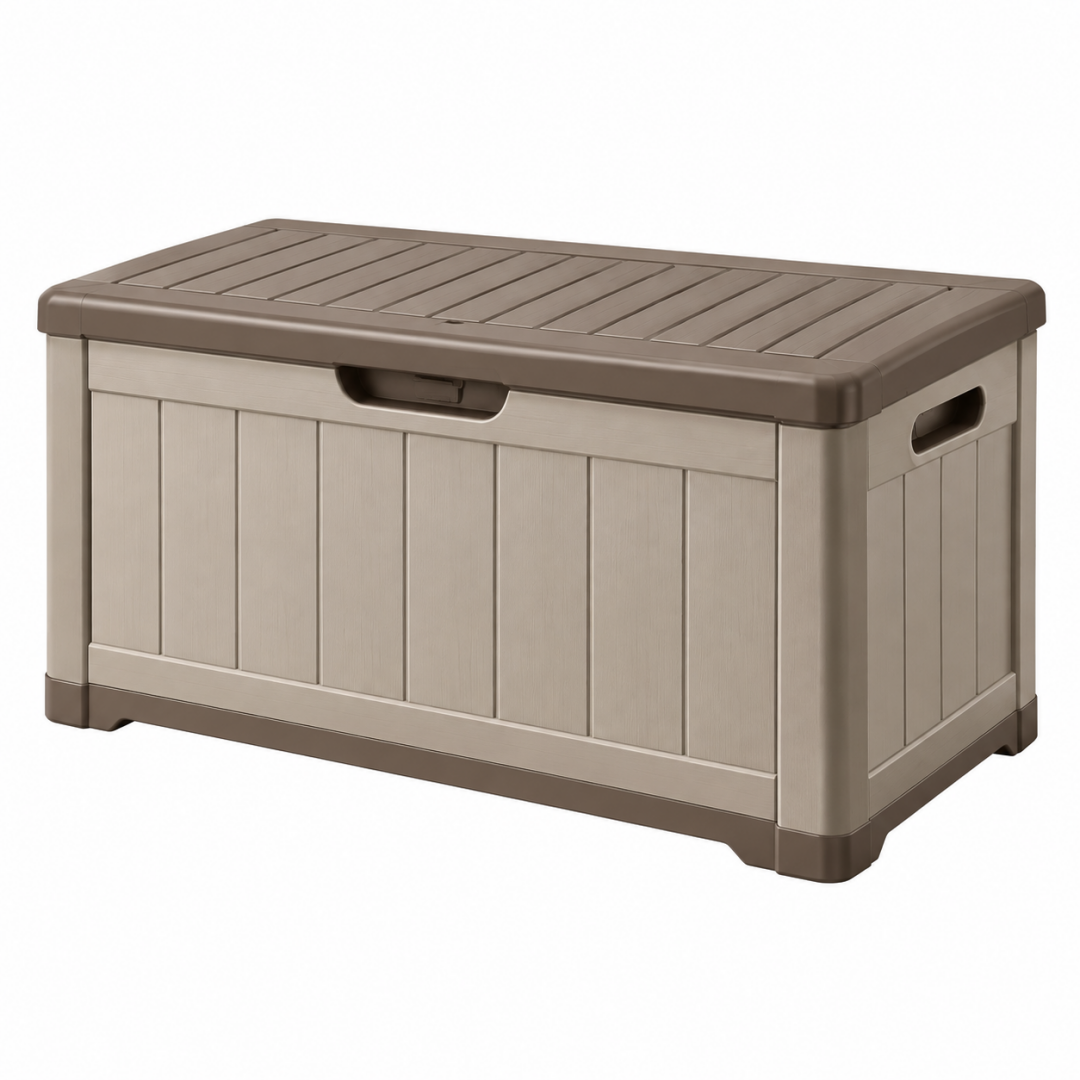Aufbewahrungsbox 120 x 56 x 63 cm aus Kunststoff in Taupe für Außenbereich mit Deckel
