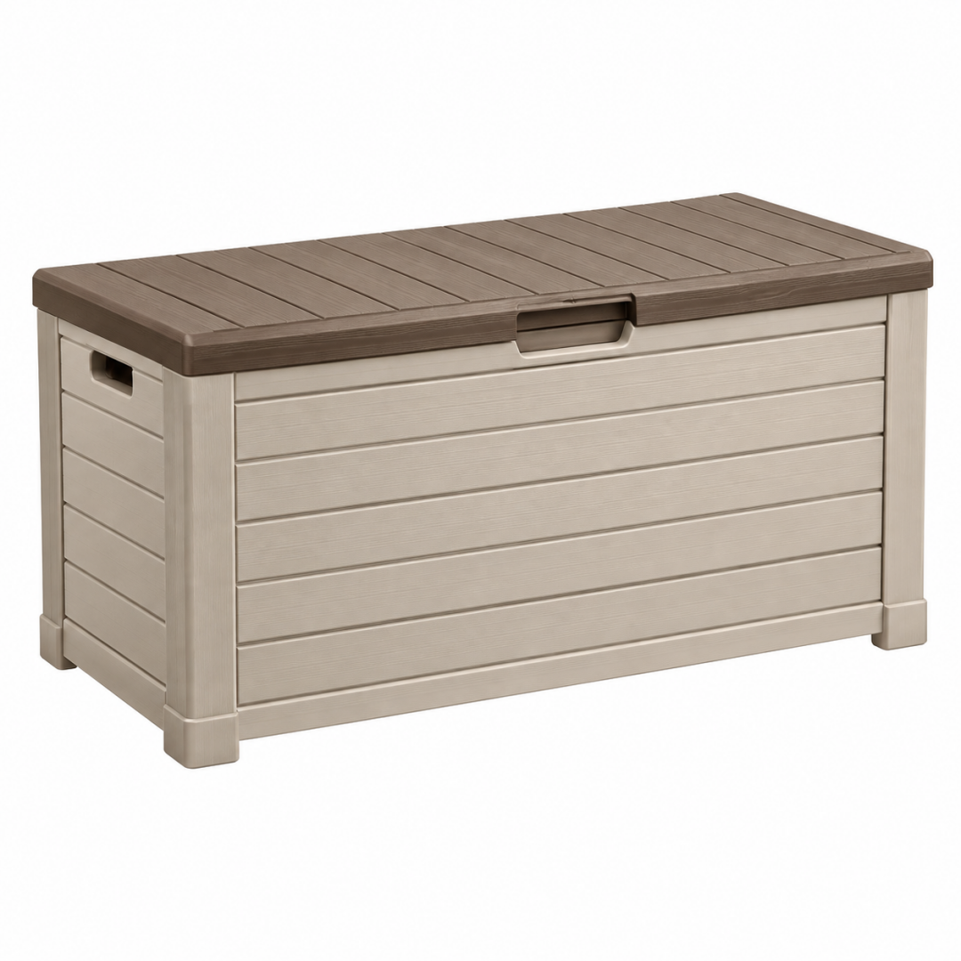 Aufbewahrungstruhe 120 x 55 x 60 cm Kunststoff Beige Braun für Außenbereiche mit Klappdeckel