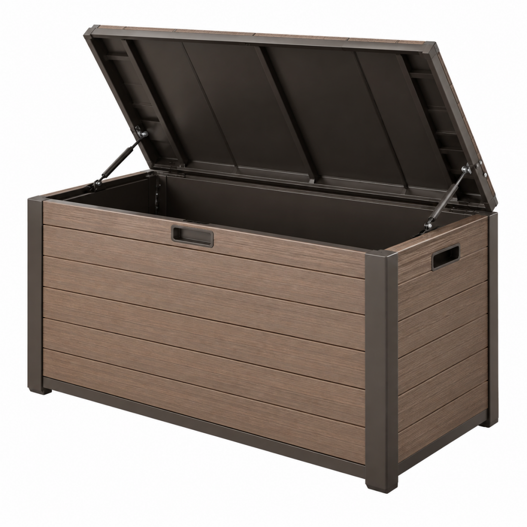 Auflagenbox 130 x 65 x 65 cm aus Metall und Kunststoff Braun Schwarz mit Gasdruckfedern