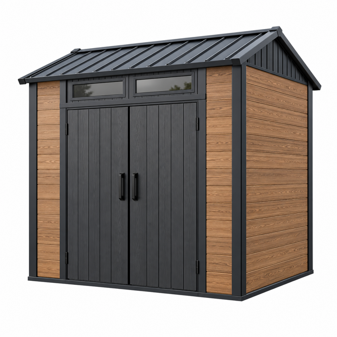 Gartenhaus 213 x 130 x 184 cm aus Metall Schwarz Braun mit Doppeltür und Satteldach